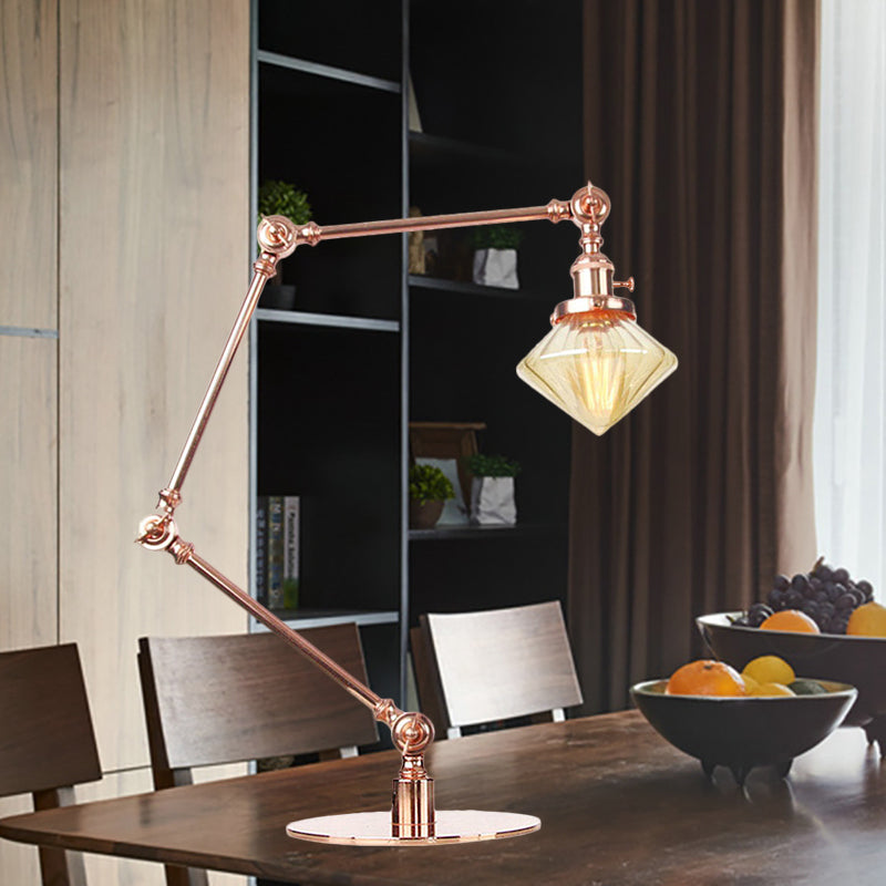 Vintage Diamond Shade Table Lamp Amber/Clear Glass 1 Light Living Room Table Light with Adjustable Arm in Black/Brass Copper Amber B Clearhalo 'Lamps' 'Table Lamps' Lighting' 262134