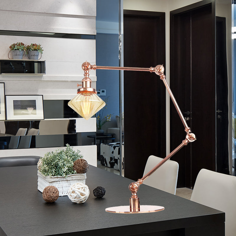 Vintage Diamond Shade Table Lamp Amber/Clear Glass 1 Light Living Room Table Light with Adjustable Arm in Black/Brass Clearhalo 'Lamps' 'Table Lamps' Lighting' 262135