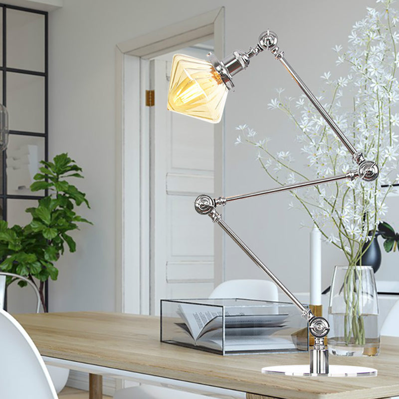 Vintage Diamond Shade Table Lamp Amber/Clear Glass 1 Light Living Room Table Light with Adjustable Arm in Black/Brass Chrome Amber B Clearhalo 'Lamps' 'Table Lamps' Lighting' 262138