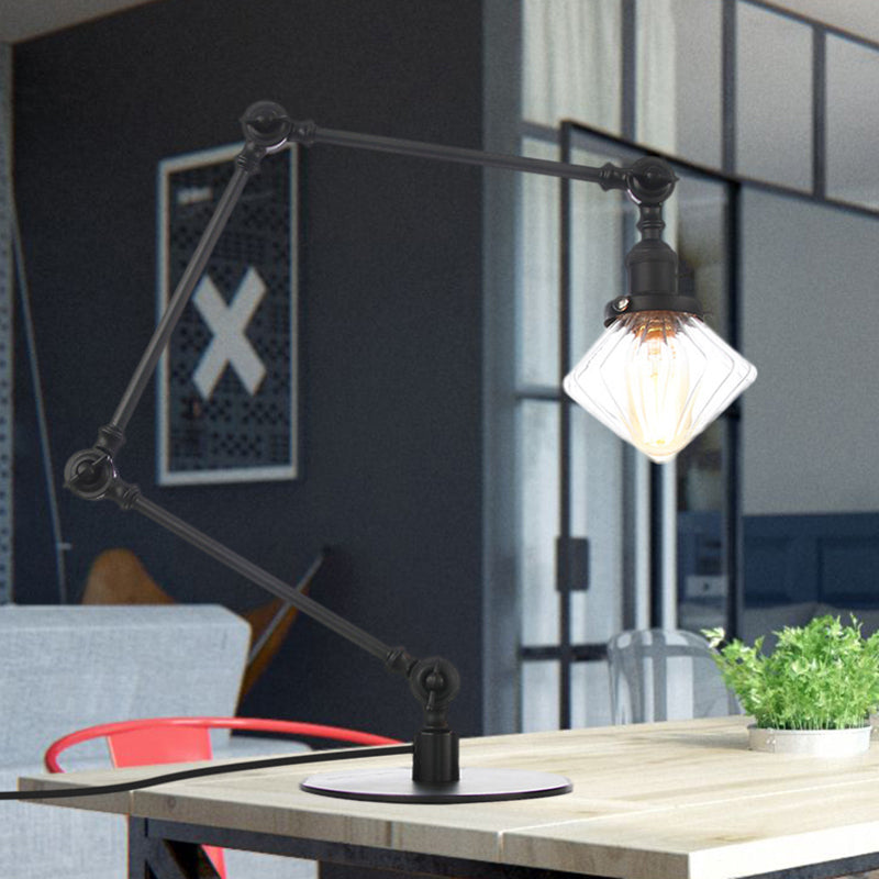 Vintage Diamond Shade Table Lamp Amber/Clear Glass 1 Light Living Room Table Light with Adjustable Arm in Black/Brass Black Clear B Clearhalo 'Lamps' 'Table Lamps' Lighting' 262142