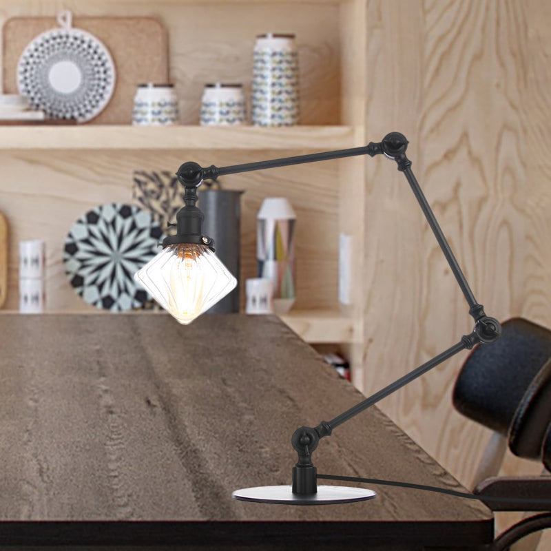 Vintage Diamond Shade Table Lamp Amber/Clear Glass 1 Light Living Room Table Light with Adjustable Arm in Black/Brass Clearhalo 'Lamps' 'Table Lamps' Lighting' 262143