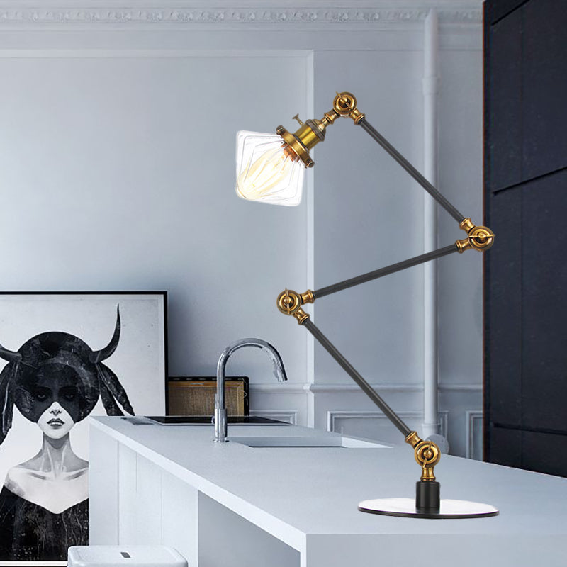 Vintage Diamond Shade Table Lamp Amber/Clear Glass 1 Light Living Room Table Light with Adjustable Arm in Black/Brass Brass Clear B Clearhalo 'Lamps' 'Table Lamps' Lighting' 262146