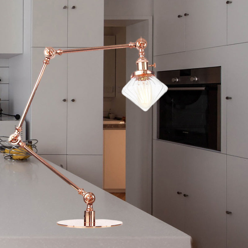 Vintage Diamond Shade Table Lamp Amber/Clear Glass 1 Light Living Room Table Light with Adjustable Arm in Black/Brass Copper Clear B Clearhalo 'Lamps' 'Table Lamps' Lighting' 262154
