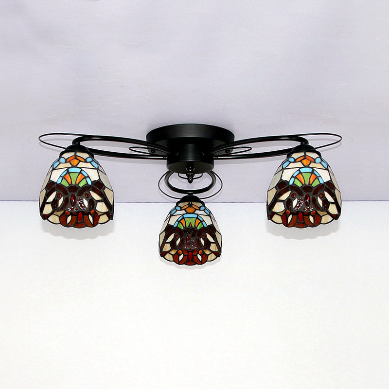 Geometric Ceiling Light with Art Pattern Tiffany Style Stained Glass 3 Lights Flushmount Ceiling Light in Black Clearhalo 'Ceiling Lights' 'Close To Ceiling Lights' 'Close to ceiling' 'Glass shade' 'Glass' 'Pendant Lights' 'Semi-flushmount' 'Tiffany close to ceiling' 'Tiffany' Lighting' 26216