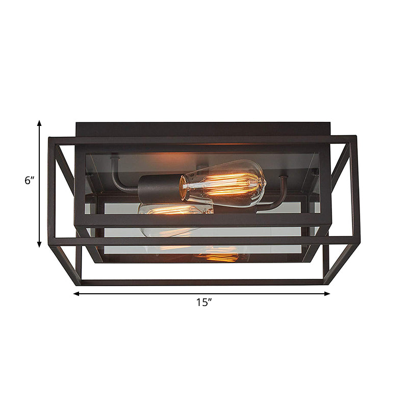 2 Lights Indoor Flush Ceiling Light Vintage Style Black Flush Mount Lamp with Squared Frame Clear Glass Shade Clearhalo 'Ceiling Lights' 'Close To Ceiling Lights' 'Close to ceiling' 'Flush mount' 'Industrial Flush Mount' Lighting' 262190