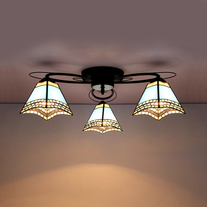 Geometric Ceiling Light with Art Pattern Tiffany Style Stained Glass 3 Lights Flushmount Ceiling Light in Black Black Mediterranean Clearhalo 'Ceiling Lights' 'Close To Ceiling Lights' 'Close to ceiling' 'Glass shade' 'Glass' 'Pendant Lights' 'Semi-flushmount' 'Tiffany close to ceiling' 'Tiffany' Lighting' 26231