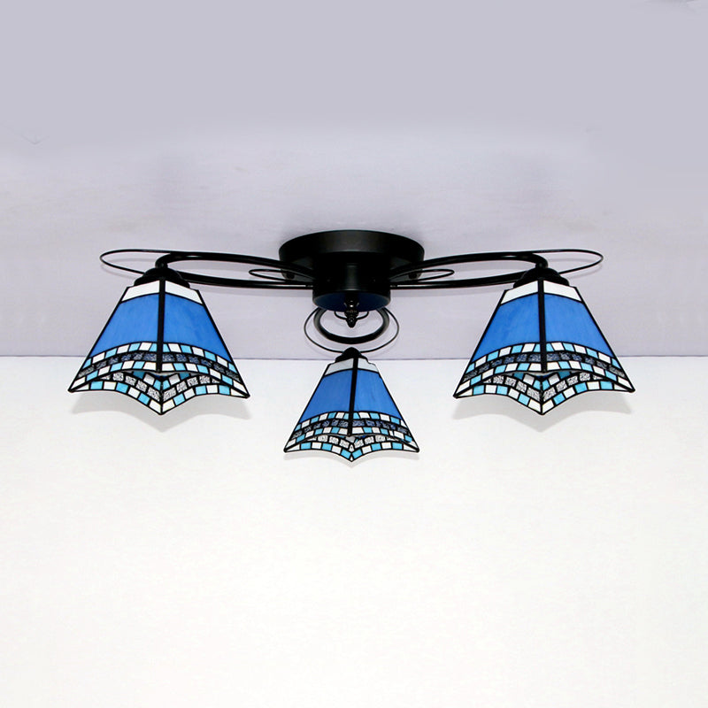 Geometric Ceiling Light with Art Pattern Tiffany Style Stained Glass 3 Lights Flushmount Ceiling Light in Black Clearhalo 'Ceiling Lights' 'Close To Ceiling Lights' 'Close to ceiling' 'Glass shade' 'Glass' 'Pendant Lights' 'Semi-flushmount' 'Tiffany close to ceiling' 'Tiffany' Lighting' 26232