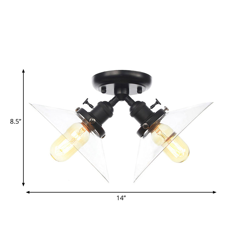 Conical Restaurant Semi Flush Light Clear Glass 2 Lights Industrial Stylish Ceiling Flush Mount in Black/Bronze Clearhalo 'Ceiling Lights' 'Close To Ceiling Lights' 'Close to ceiling' 'Glass shade' 'Glass' 'Pendant Lights' 'Semi-flushmount' Lighting' 262323