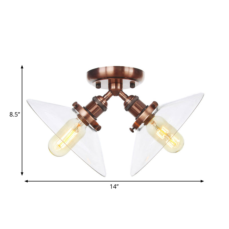 Conical Restaurant Semi Flush Light Clear Glass 2 Lights Industrial Stylish Ceiling Flush Mount in Black/Bronze Clearhalo 'Ceiling Lights' 'Close To Ceiling Lights' 'Close to ceiling' 'Glass shade' 'Glass' 'Pendant Lights' 'Semi-flushmount' Lighting' 262326