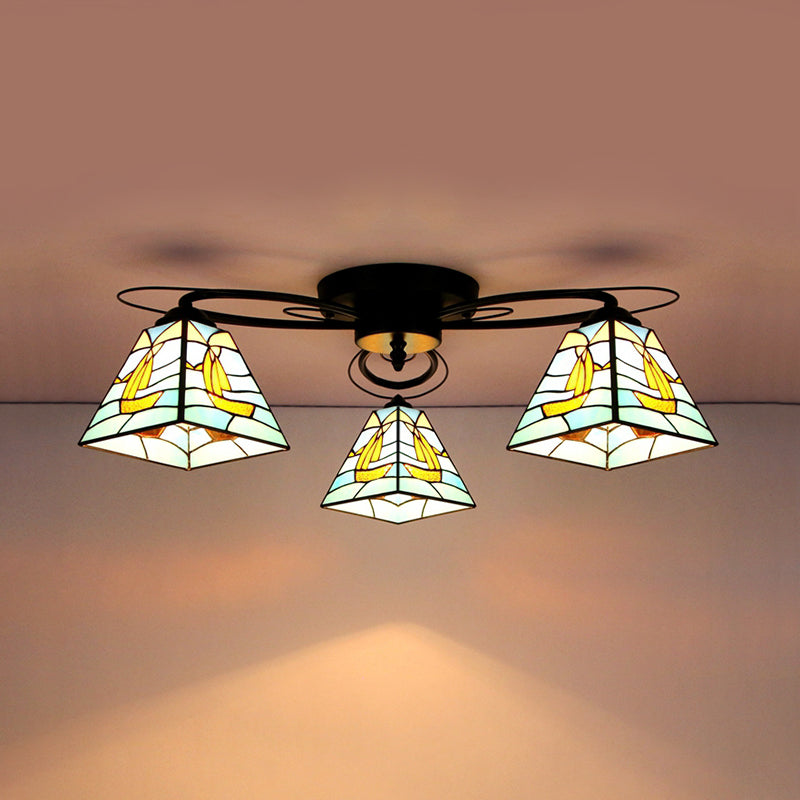 Geometric Ceiling Light with Art Pattern Tiffany Style Stained Glass 3 Lights Flushmount Ceiling Light in Black Black Boat Clearhalo 'Ceiling Lights' 'Close To Ceiling Lights' 'Close to ceiling' 'Glass shade' 'Glass' 'Pendant Lights' 'Semi-flushmount' 'Tiffany close to ceiling' 'Tiffany' Lighting' 26233