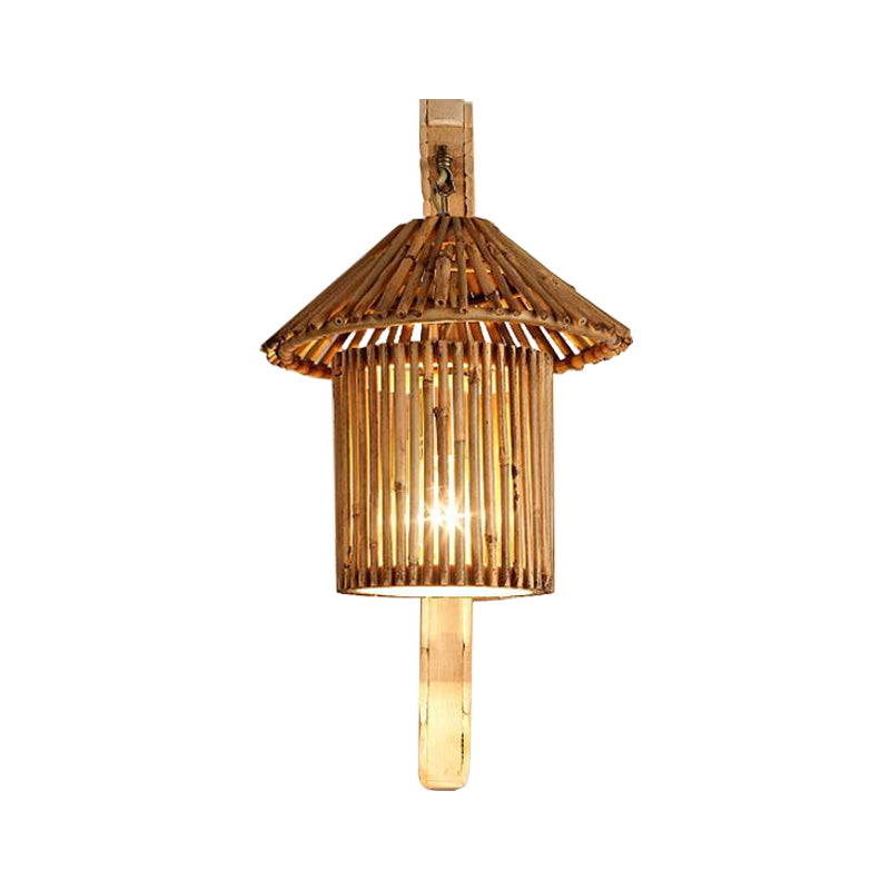 Wood Cylinder/House/Teapot Wall Lamp Tradition Bamboo 1 Bulb Sconce Light Fixture with Curved/Halfcylinder Arm Clearhalo 'Modern wall lights' 'Modern' 'Wall Lamps & Sconces' 'Wall Lights' Lighting' 262378
