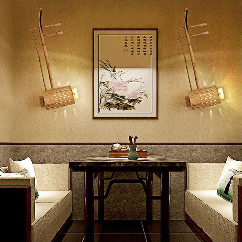 1 Bulb Tearoom Sconce Lamp Asian Wood Wall Light Fixture with Erhu Bamboo Shade Clearhalo 'Modern wall lights' 'Modern' 'Wall Lamps & Sconces' 'Wall Lights' Lighting' 262389