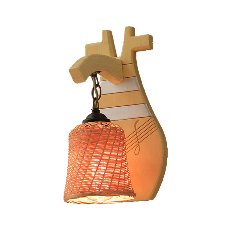 Wood Kettle/Bell/Trumpet Sconce Light Traditionary Bamboo 1 Bulb Up/Down Wall Mounted Lamp with Hemicylinder/Block Backplate Clearhalo 'Modern wall lights' 'Modern' 'Wall Lamps & Sconces' 'Wall Lights' Lighting' 262397