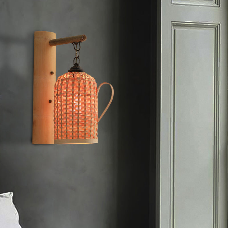 Wood Kettle/Bell/Trumpet Sconce Light Traditionary Bamboo 1 Bulb Up/Down Wall Mounted Lamp with Hemicylinder/Block Backplate Wood B Clearhalo 'Modern wall lights' 'Modern' 'Wall Lamps & Sconces' 'Wall Lights' Lighting' 262399