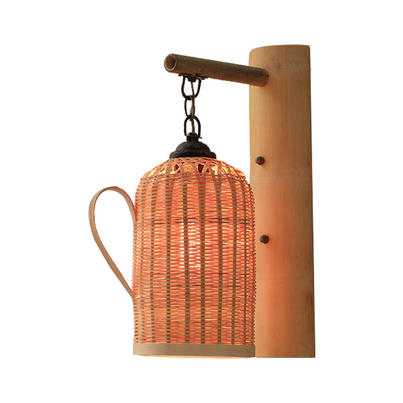 Wood Kettle/Bell/Trumpet Sconce Light Traditionary Bamboo 1 Bulb Up/Down Wall Mounted Lamp with Hemicylinder/Block Backplate Clearhalo 'Modern wall lights' 'Modern' 'Wall Lamps & Sconces' 'Wall Lights' Lighting' 262401