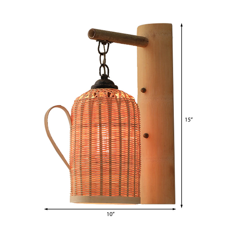 Wood Kettle/Bell/Trumpet Sconce Light Traditionary Bamboo 1 Bulb Up/Down Wall Mounted Lamp with Hemicylinder/Block Backplate Clearhalo 'Modern wall lights' 'Modern' 'Wall Lamps & Sconces' 'Wall Lights' Lighting' 262402