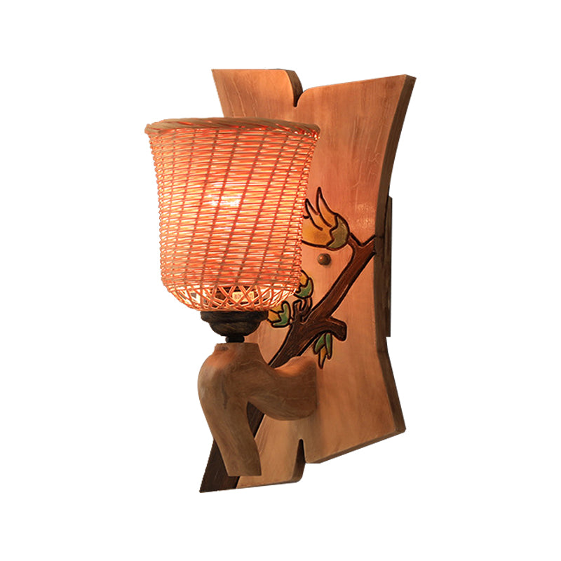 Wood Kettle/Bell/Trumpet Sconce Light Traditionary Bamboo 1 Bulb Up/Down Wall Mounted Lamp with Hemicylinder/Block Backplate Clearhalo 'Modern wall lights' 'Modern' 'Wall Lamps & Sconces' 'Wall Lights' Lighting' 262405