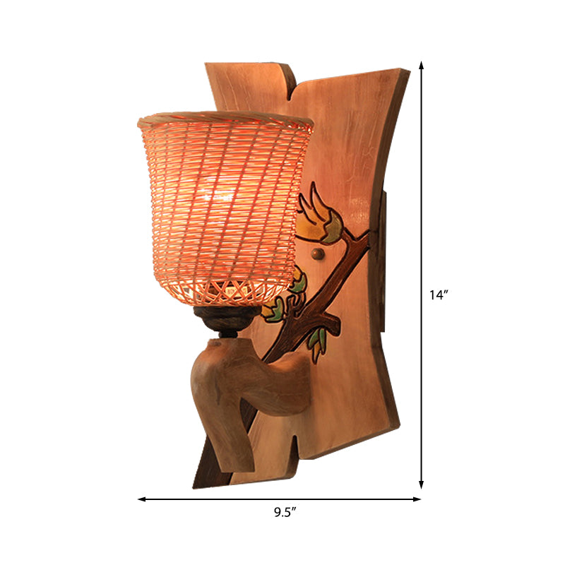 Wood Kettle/Bell/Trumpet Sconce Light Traditionary Bamboo 1 Bulb Up/Down Wall Mounted Lamp with Hemicylinder/Block Backplate Clearhalo 'Modern wall lights' 'Modern' 'Wall Lamps & Sconces' 'Wall Lights' Lighting' 262406