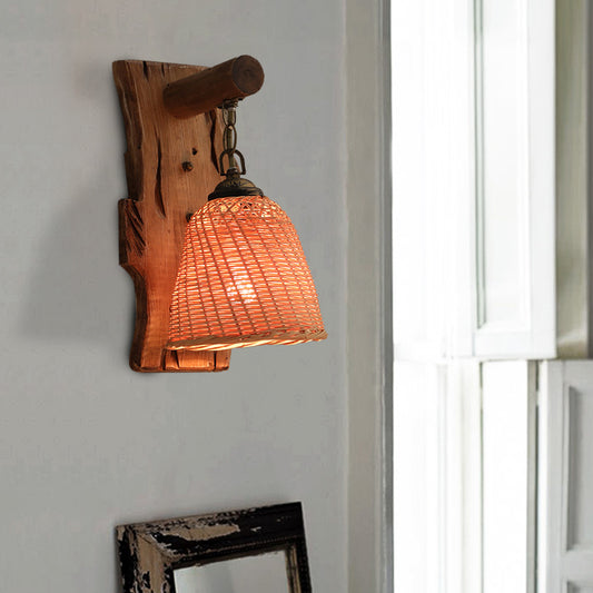Wood Cone/Cylinder Wall Lamp Traditional 1 Head Beige Sconce Light Fixture with Rectangle Backplate Wood Cone Clearhalo 'Modern wall lights' 'Modern' 'Wall Lamps & Sconces' 'Wall Lights' Lighting' 262411