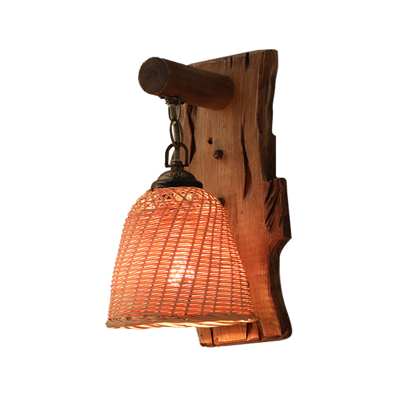 Wood Cone/Cylinder Wall Lamp Traditional 1 Head Beige Sconce Light Fixture with Rectangle Backplate Clearhalo 'Modern wall lights' 'Modern' 'Wall Lamps & Sconces' 'Wall Lights' Lighting' 262413