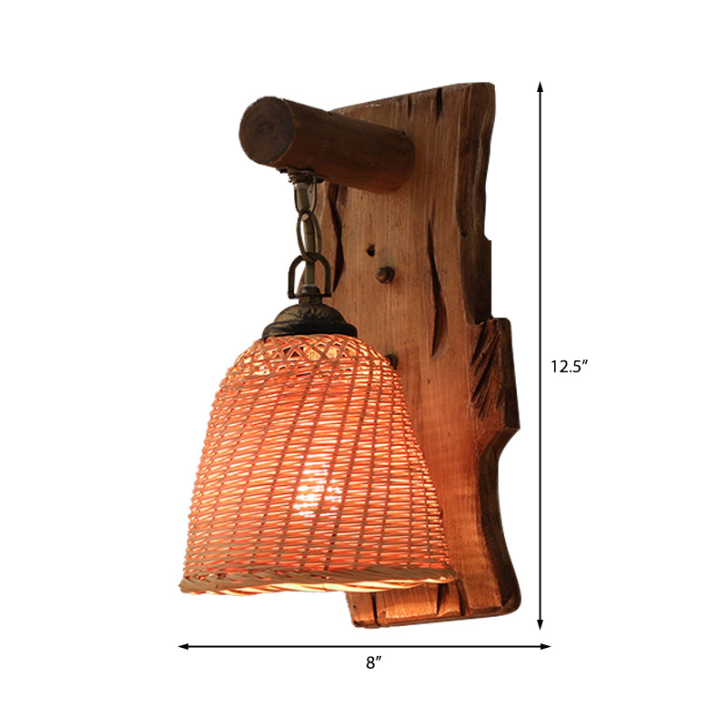 Wood Cone/Cylinder Wall Lamp Traditional 1 Head Beige Sconce Light Fixture with Rectangle Backplate Clearhalo 'Modern wall lights' 'Modern' 'Wall Lamps & Sconces' 'Wall Lights' Lighting' 262414
