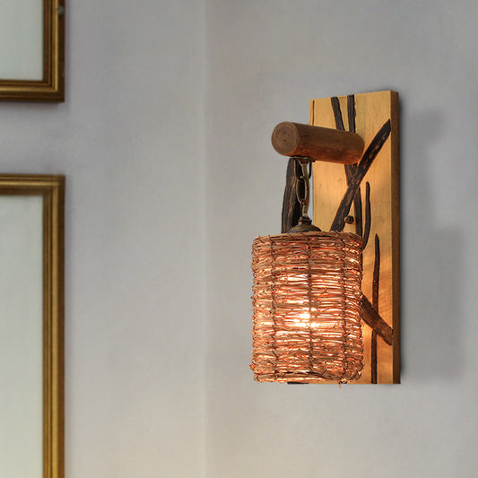 Wood Cone/Cylinder Wall Lamp Traditional 1 Head Beige Sconce Light Fixture with Rectangle Backplate Wood Cylinder Clearhalo 'Modern wall lights' 'Modern' 'Wall Lamps & Sconces' 'Wall Lights' Lighting' 262415