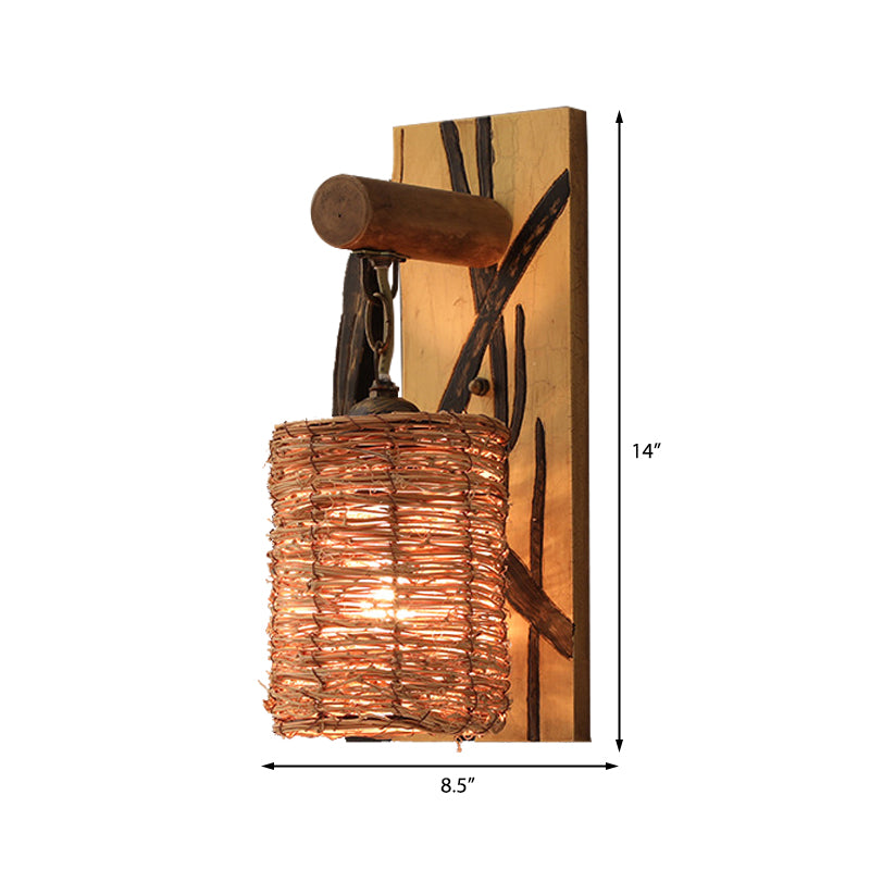 Wood Cone/Cylinder Wall Lamp Traditional 1 Head Beige Sconce Light Fixture with Rectangle Backplate Clearhalo 'Modern wall lights' 'Modern' 'Wall Lamps & Sconces' 'Wall Lights' Lighting' 262418