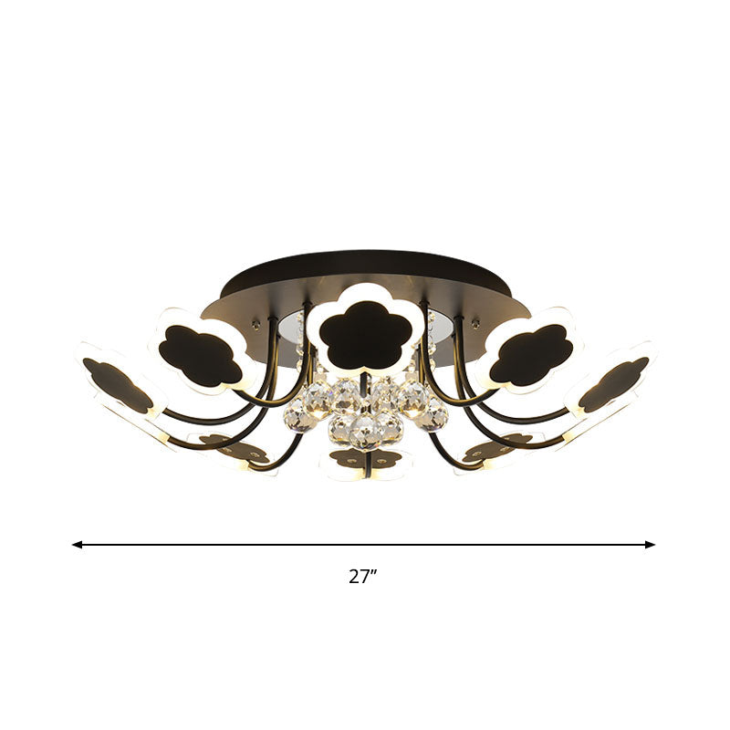 Petal-Shape Semi Mount Light Modern Acrylic 23"/27" W LED Black/White Ceiling Lamp with Clear Crystal Draping, Warm/White Light Clearhalo 'Ceiling Lights' 'Close To Ceiling Lights' 'Close to ceiling' 'Semi-flushmount' Lighting' 262423