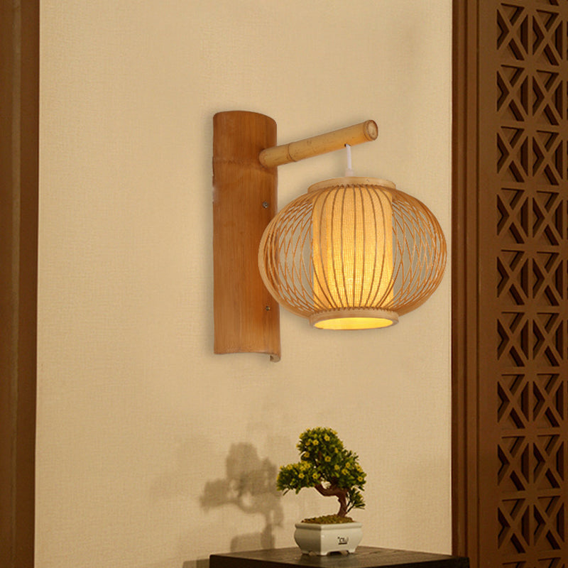 Wood Pumpkin Wall Lamp Contemporary Bamboo 1 Bulb Sconce Light Fixture with Inner Cylinder Parchment Shade Clearhalo 'Modern wall lights' 'Modern' 'Wall Lamps & Sconces' 'Wall Lights' Lighting' 262462