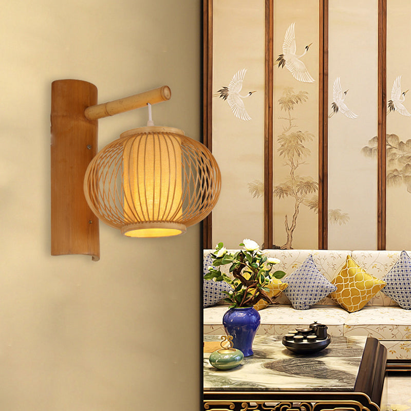 Wood Pumpkin Wall Lamp Contemporary Bamboo 1 Bulb Sconce Light Fixture with Inner Cylinder Parchment Shade