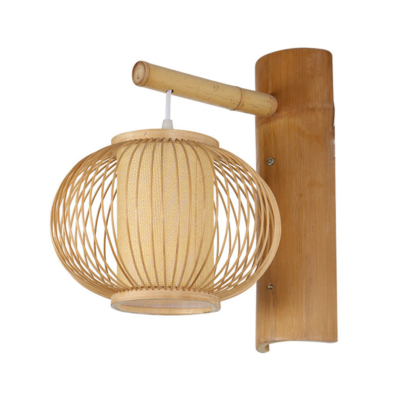 Wood Pumpkin Wall Lamp Contemporary Bamboo 1 Bulb Sconce Light Fixture with Inner Cylinder Parchment Shade Wood Clearhalo 'Modern wall lights' 'Modern' 'Wall Lamps & Sconces' 'Wall Lights' Lighting' 262464