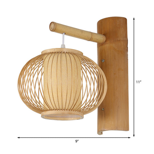 Wood Pumpkin Wall Lamp Contemporary Bamboo 1 Bulb Sconce Light Fixture with Inner Cylinder Parchment Shade Clearhalo 'Modern wall lights' 'Modern' 'Wall Lamps & Sconces' 'Wall Lights' Lighting' 262465