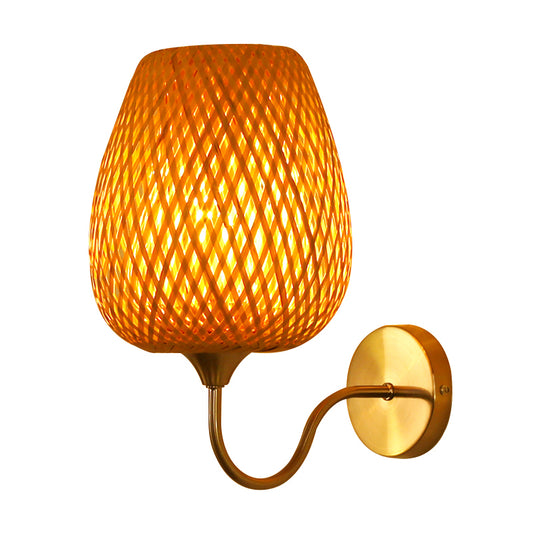 Cup Sconce Modernism Bamboo 1 Bulb Wood Wall Light Fixture with Curved Metal Arm Clearhalo 'Modern wall lights' 'Modern' 'Wall Lamps & Sconces' 'Wall Lights' Lighting' 262471