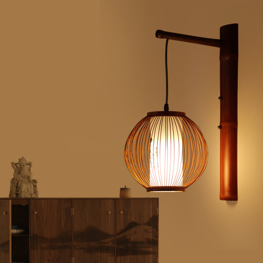 Global Wall Lighting Traditional Bamboo 1 Bulb Bronze Sconce Light Fixture with Inner White Cylinder Parchment Shade Brown Clearhalo 'Modern wall lights' 'Modern' 'Wall Lamps & Sconces' 'Wall Lights' Lighting' 262482