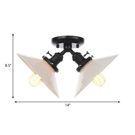 Warehouse Style Flared Semi Mount Lighting Iron 2 Bulbs Indoor Semi Flush Ceiling Light in Black/Bronze Clearhalo 'Ceiling Lights' 'Close To Ceiling Lights' 'Close to ceiling' 'Semi-flushmount' Lighting' 262499