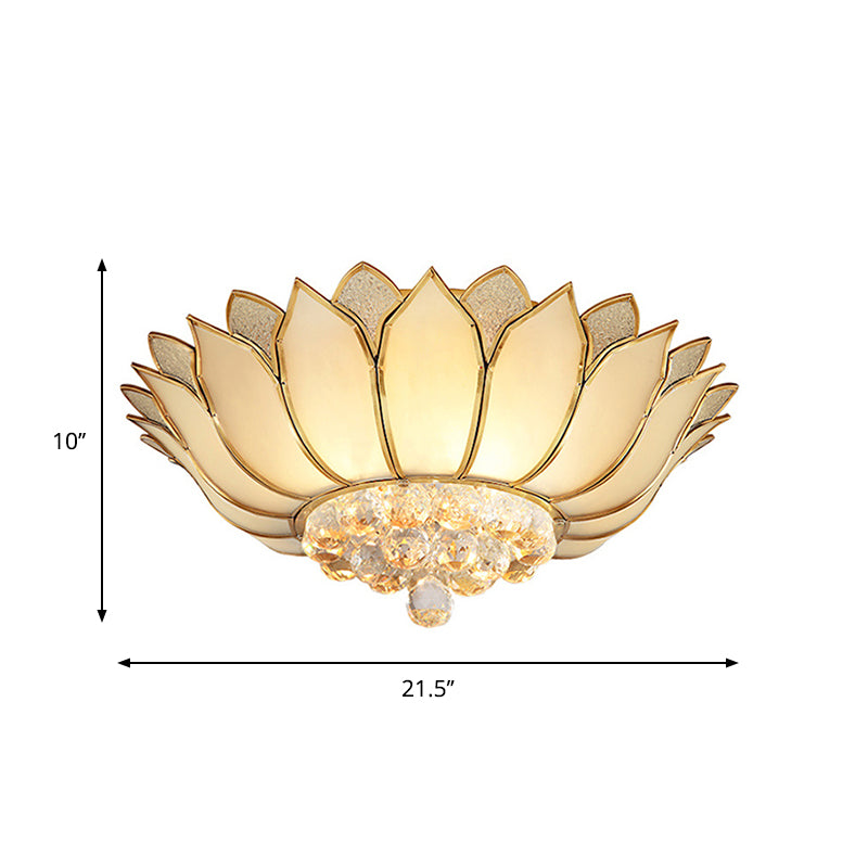 Golden Lotus Flush Mount Light Traditional 4/6 Lights Glass Ceiling Lamp with Crystal Drop Clearhalo 'Ceiling Lights' 'Close To Ceiling Lights' 'Close to ceiling' 'Flush mount' Lighting' 262554