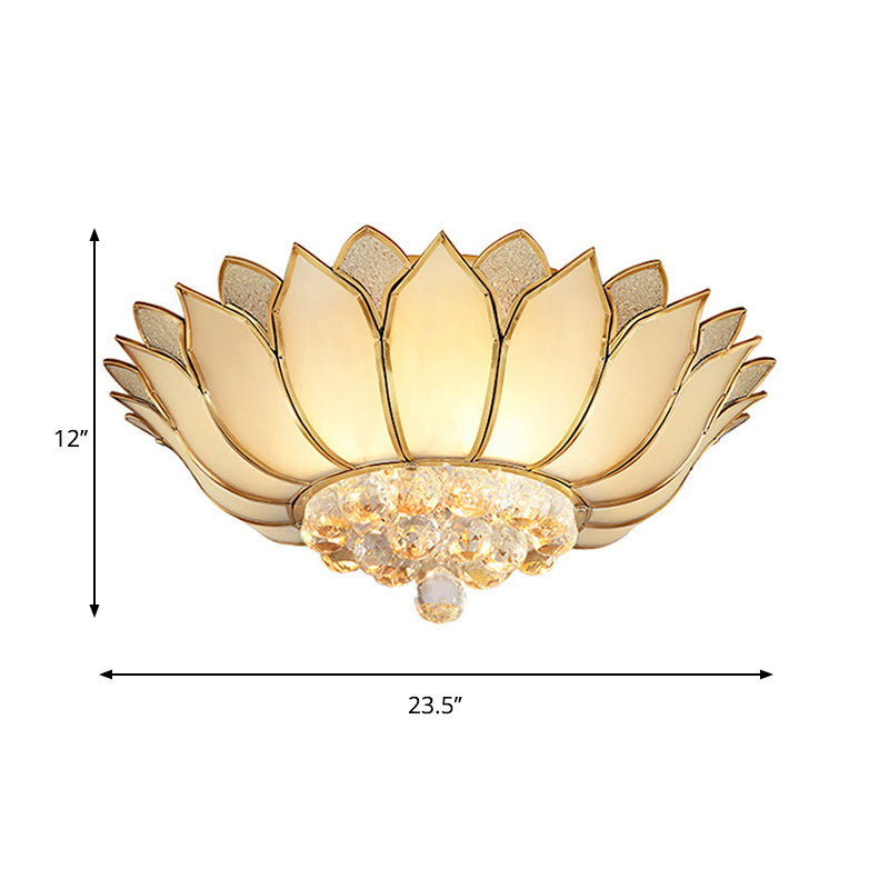 Golden Lotus Flush Mount Light Traditional 4/6 Lights Glass Ceiling Lamp with Crystal Drop Clearhalo 'Ceiling Lights' 'Close To Ceiling Lights' 'Close to ceiling' 'Flush mount' Lighting' 262555