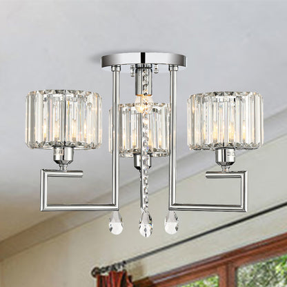 Ribbed Crystal Drum Flush Ceiling Light Modern 4/6-Light Silver Semi Flush Lamp with Scroll Frame 4 Silver Clearhalo 'Ceiling Lights' 'Close To Ceiling Lights' 'Close to ceiling' 'Semi-flushmount' Lighting' 262563