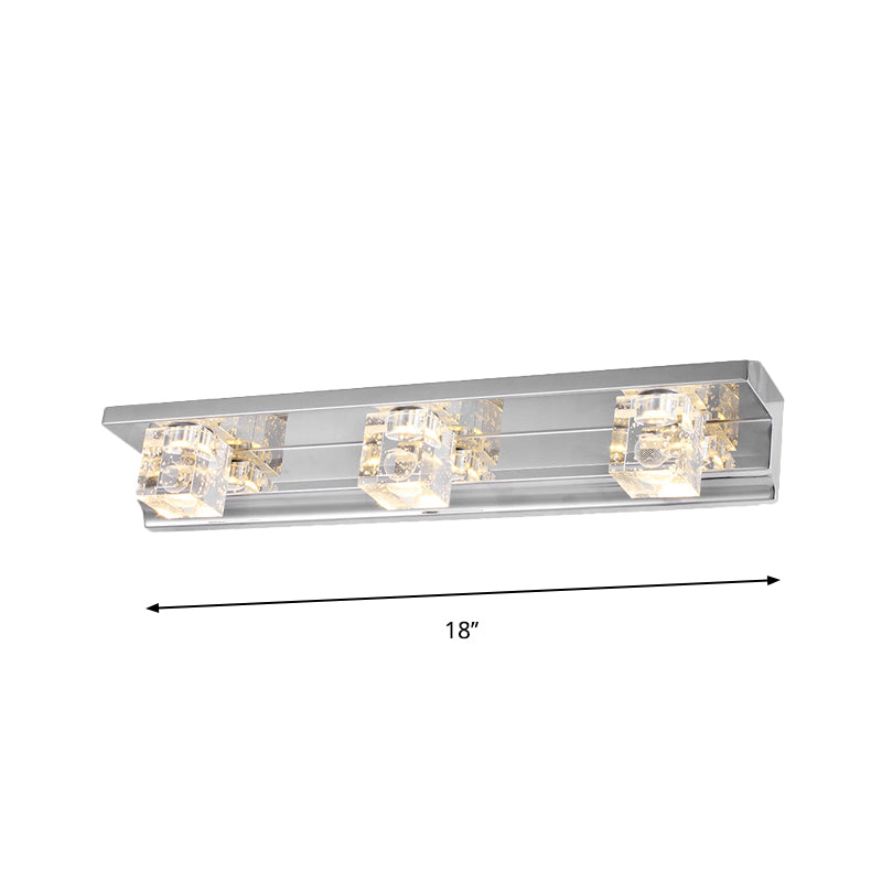 Clear Crystal Cubic Wall Sconce Modern Style 3 Heads Silver Finish Vanity Light Fixture in Warm/White Light, 12.5"/18" W Clearhalo 'Modern wall lights' 'Modern' 'Vanity Lights' 'Wall Lights' Lighting' 262608