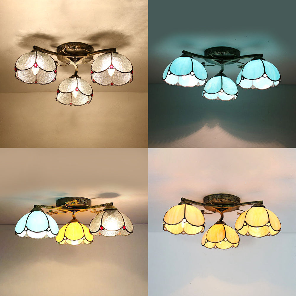Rustic Dome Ceiling Fixture 3 Lights Beige/Yellow-Blue/Clear/Blue Glass Flush Mount Ceiling Fixture for Living Room Clearhalo 'Ceiling Lights' 'Close To Ceiling Lights' 'Close to ceiling' 'Glass shade' 'Glass' 'Semi-flushmount' 'Tiffany close to ceiling' 'Tiffany' Lighting' 26262