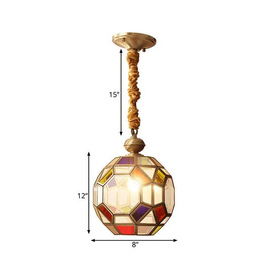 1 Bulb Faceted Disco Ball Pendant Colonial Brass Finish Ceiling Lamp with Multi-Colored Glass Shade Clearhalo 'Ceiling Lights' 'Chandeliers' 'Glass shade' 'Glass' 'Pendant Lights' 'Pendants' Lighting' 262627
