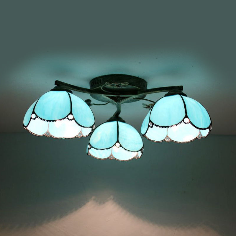 Rustic Dome Ceiling Fixture 3 Lights Beige/Yellow-Blue/Clear/Blue Glass Flush Mount Ceiling Fixture for Living Room Blue Clearhalo 'Ceiling Lights' 'Close To Ceiling Lights' 'Close to ceiling' 'Glass shade' 'Glass' 'Semi-flushmount' 'Tiffany close to ceiling' 'Tiffany' Lighting' 26263