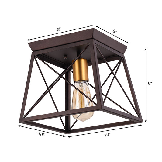 Metal Squared Frame Flush Light Industrial Style 2 Bulbs Coffee Ceiling Light Fixture for Restaurant, 10"/12" Wide Clearhalo 'Ceiling Lights' 'Close To Ceiling Lights' 'Close to ceiling' 'Flush mount' 'Industrial Flush Mount' Lighting' 262630