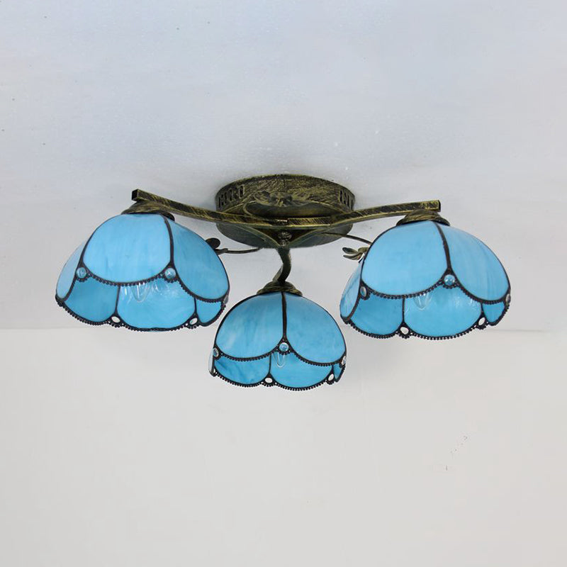 Rustic Dome Ceiling Fixture 3 Lights Beige/Yellow-Blue/Clear/Blue Glass Flush Mount Ceiling Fixture for Living Room Clearhalo 'Ceiling Lights' 'Close To Ceiling Lights' 'Close to ceiling' 'Glass shade' 'Glass' 'Semi-flushmount' 'Tiffany close to ceiling' 'Tiffany' Lighting' 26264