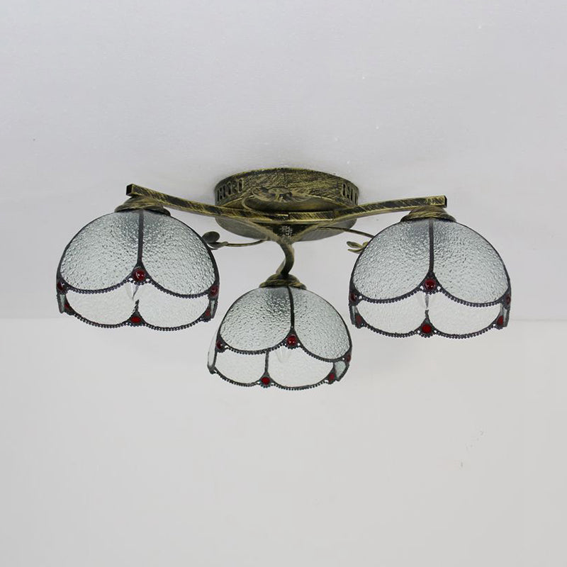 Rustic Dome Ceiling Fixture 3 Lights Beige/Yellow-Blue/Clear/Blue Glass Flush Mount Ceiling Fixture for Living Room Clearhalo 'Ceiling Lights' 'Close To Ceiling Lights' 'Close to ceiling' 'Glass shade' 'Glass' 'Semi-flushmount' 'Tiffany close to ceiling' 'Tiffany' Lighting' 26266