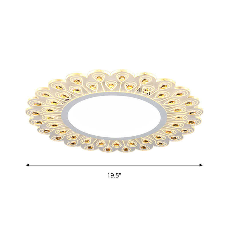 Clear Crystal Round Ceiling Light Fixture Modern LED White Flush Light with Peacock Tail Design in Warm/White Light, 14"/19.5" W Clearhalo 'Ceiling Lights' 'Close To Ceiling Lights' 'Close to ceiling' 'Flush mount' Lighting' 262669
