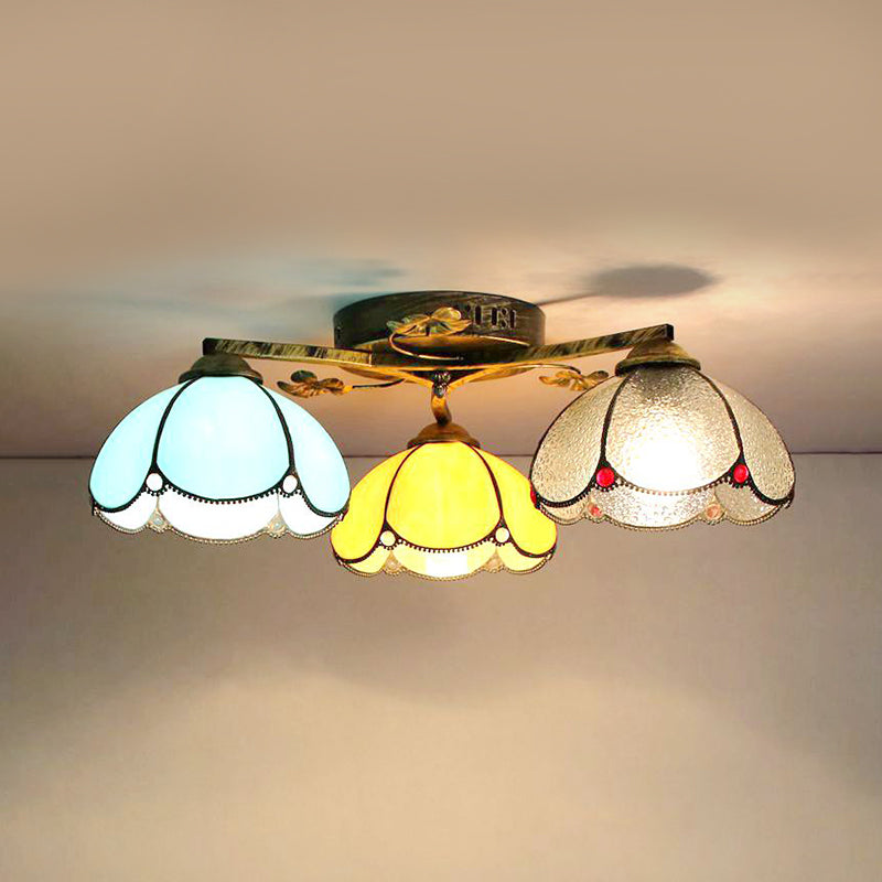Rustic Dome Ceiling Fixture 3 Lights Beige/Yellow-Blue/Clear/Blue Glass Flush Mount Ceiling Fixture for Living Room Yellow-Blue Clearhalo 'Ceiling Lights' 'Close To Ceiling Lights' 'Close to ceiling' 'Glass shade' 'Glass' 'Semi-flushmount' 'Tiffany close to ceiling' 'Tiffany' Lighting' 26267
