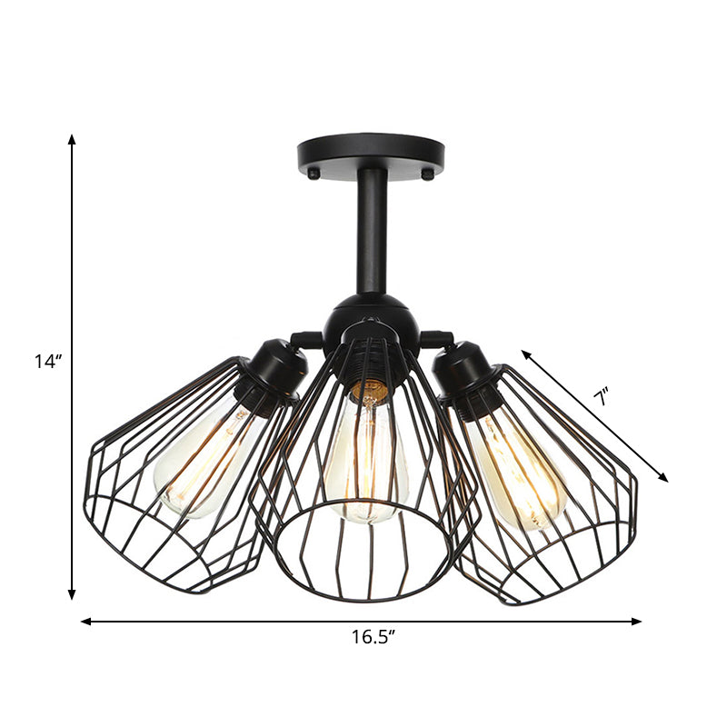 3 Heads Living Room Semi Flush Lighting Industrial Style Black Ceiling Flush Mount with Wire Cage Metal Shade Clearhalo 'Ceiling Lights' 'Close To Ceiling Lights' 'Close to ceiling' 'Semi-flushmount' Lighting' 262686