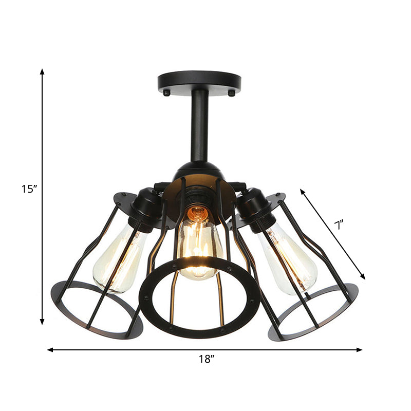 3 Heads Living Room Semi Flush Lighting Industrial Style Black Ceiling Flush Mount with Wire Cage Metal Shade Clearhalo 'Ceiling Lights' 'Close To Ceiling Lights' 'Close to ceiling' 'Semi-flushmount' Lighting' 262687