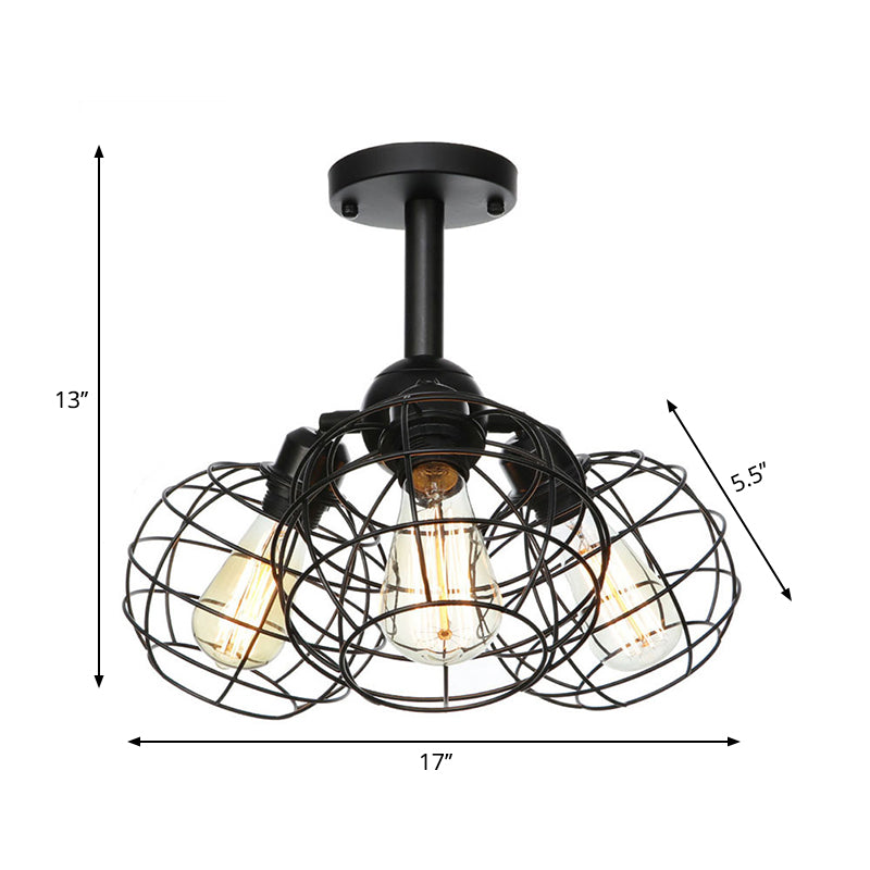 3 Heads Living Room Semi Flush Lighting Industrial Style Black Ceiling Flush Mount with Wire Cage Metal Shade Clearhalo 'Ceiling Lights' 'Close To Ceiling Lights' 'Close to ceiling' 'Semi-flushmount' Lighting' 262688